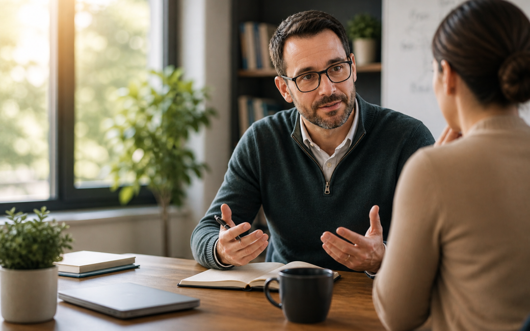 A leader and team member sitting across from each other in a calm office setting, engaged in a thoughtful one-on-one conversation, with the leader listening and gesturing while the team member reflects.
