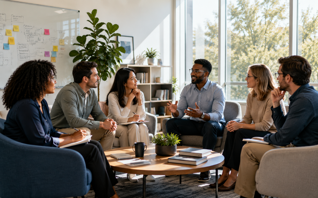 Professional team gathered in a modern office meeting space, engaged in open discussion and active listening, demonstrating healthy communication, collaboration, and psychological safety in the workplace.