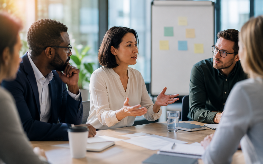 A facilitator leading a collaborative team coaching discussion where diverse team members actively listen, share ideas, and contribute to an inclusive meeting that encourages every voice to be heard.